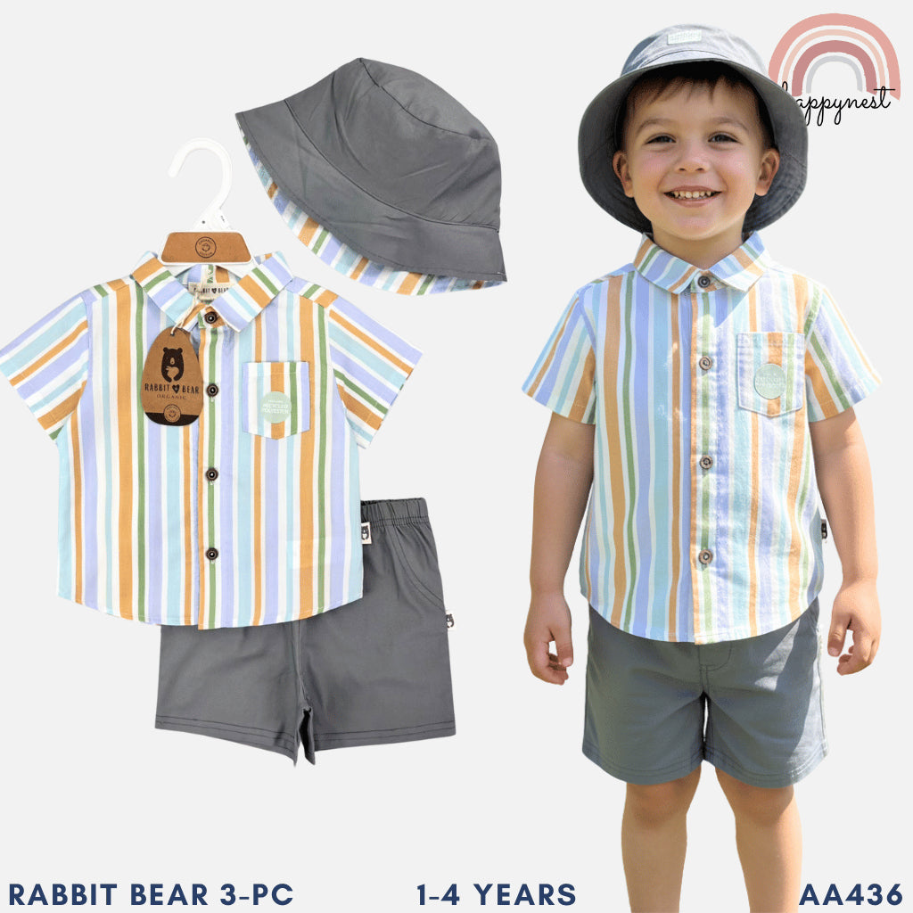 Rabbit Bear 3-PC Striped Terno w/ Bucket Hat (1-4Y) | AA436