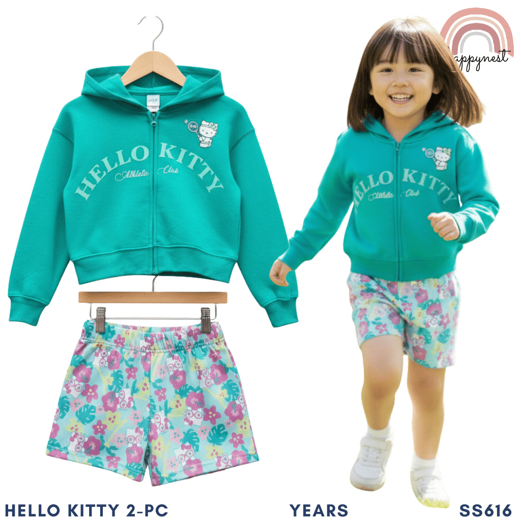 HELLO KITTY Girls Kids 2PC Set Teal Zipper Hoodie Floral Shorts Summer 3-8Y SS616