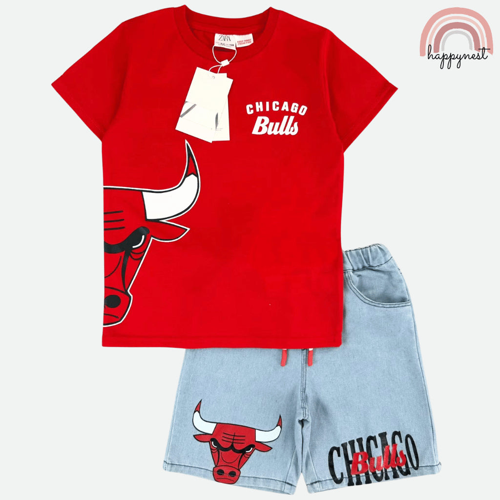 Chicago Bulls Kids 2-Pc Outfit Set - Red Graphic Tee & Denim Shorts (Ages 2-10) AA469