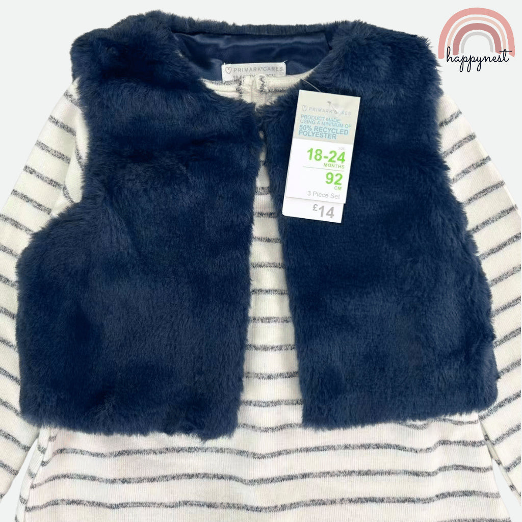 Primark Girls 3-Pc Set | Faux Fur Vest, Striped Tee & Leggings | 0-36M (SS674)
