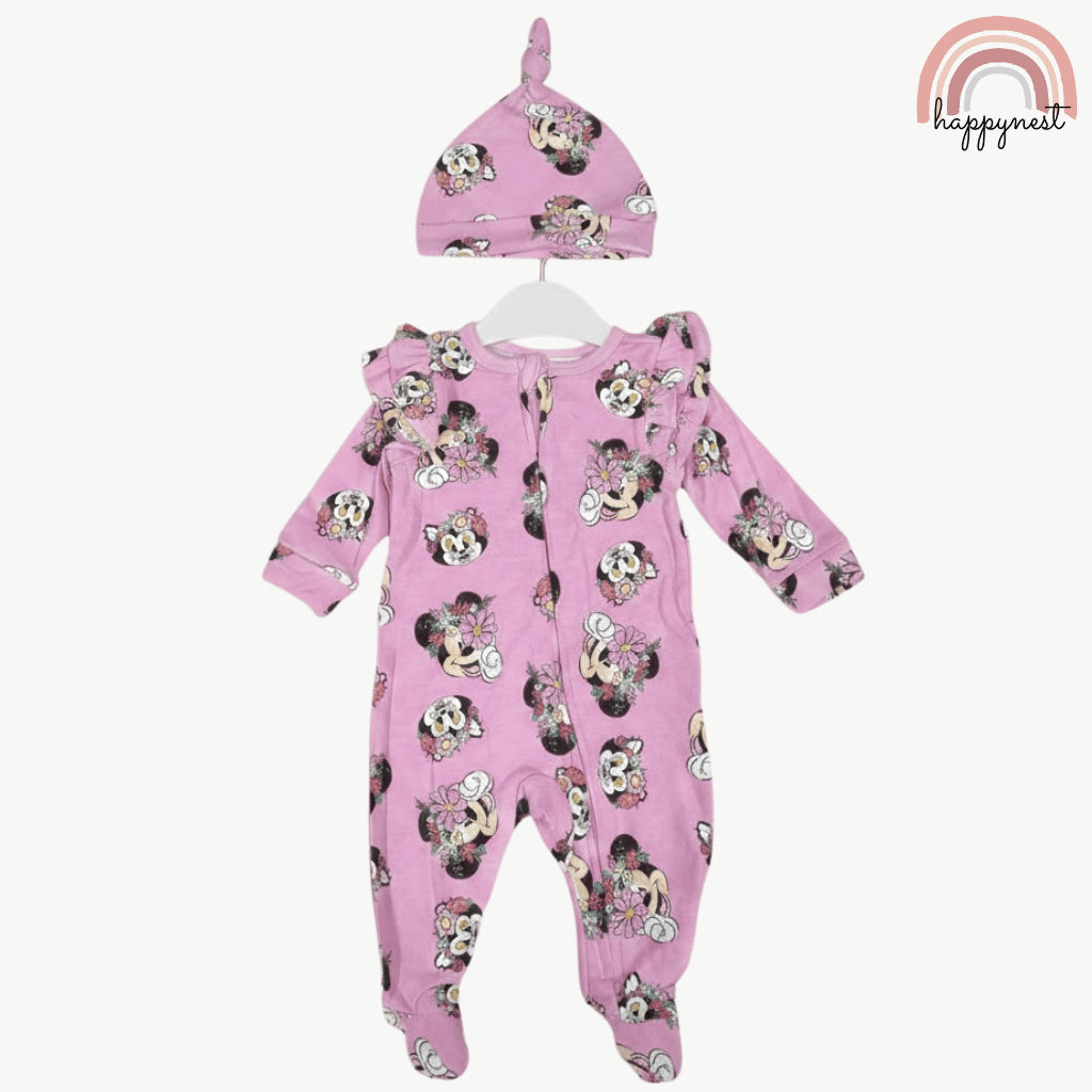 Disney Minnie Mouse Baby Girl 2-Pc Set | Floral Sleepsuit & Matching Hat | 0-9 Months (B3)