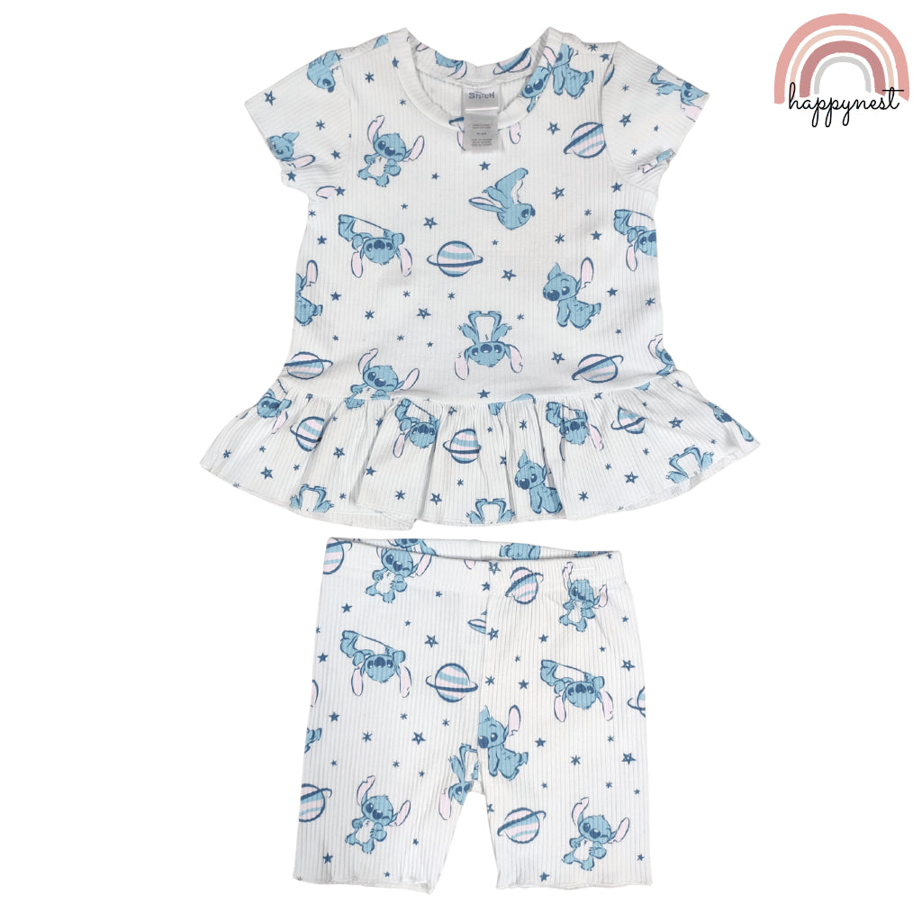 Disney Stitch Girls Kid 2-Pc Ruffle Top & Shorts Set | 2-6 Years White Ribbed Cotton (B7)