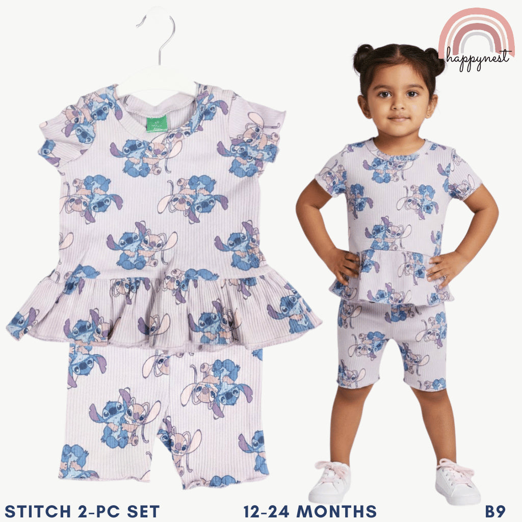 Disney Stitch & Angel Toddler Girls 2-Pc Ruffle Top & Shorts Set | Ribbed Cotton | 12-24 Months (B9)