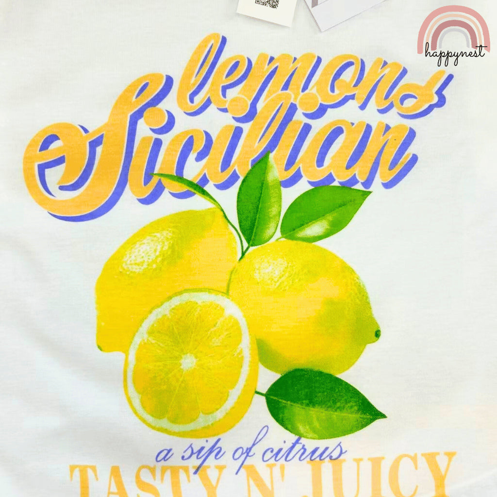 Sicilian Lemons Girls 2-Pc T-Shirt & Striped Shorts Set | Fresh Summer Outfit | 2-10 Years (AA488)