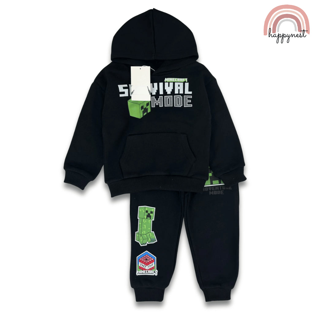 Minecraft Boys 2-Pc Gaming Hoodie & Joggers Set | Survival Mode Black Tracksuit | 2-8 Years (SS687)