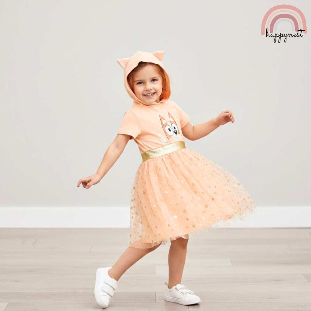 Bingo Bluey Kids Hooded Tutu Dress - Sparkly Peach Character Dress for Girls (D6)