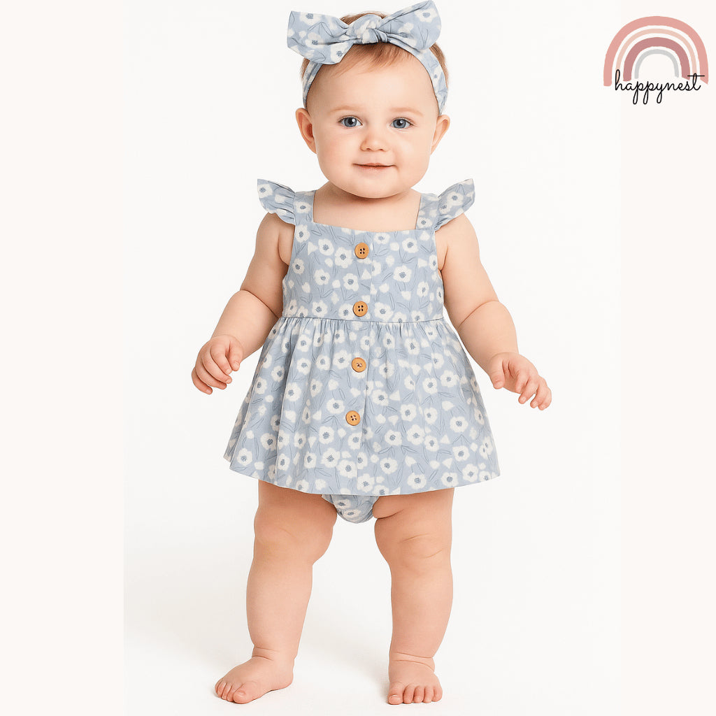 Baby Girl OOTD Light Blue Floral 3-Piece Set Dress Headband 0-12 Months AA313