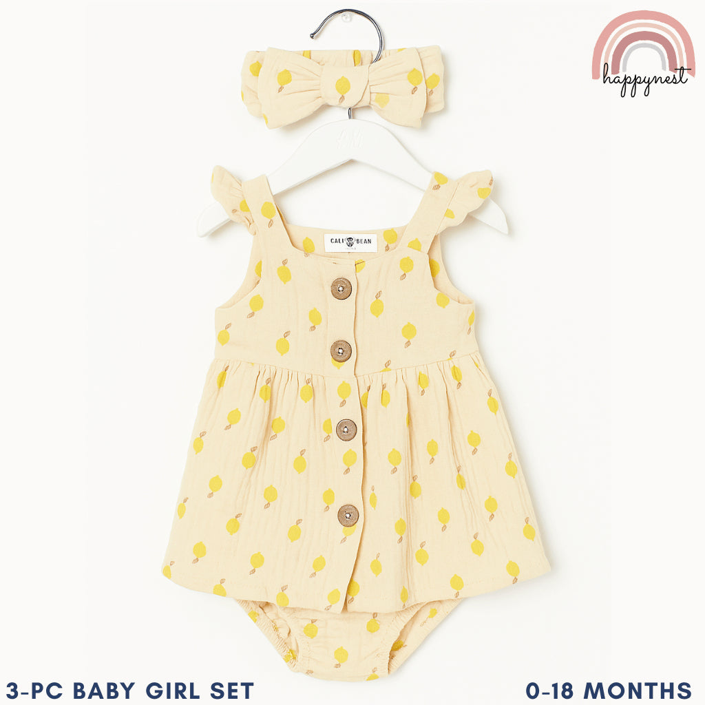 Baby Girl Clothes 3-Piece Set Yellow Lemon Print Dress Headband 0-12 Months AA316