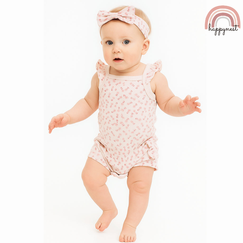 Baby Girl Clothes 3pcs Pink Romper Shorts and Headband Outfit 0-12 Months AA321