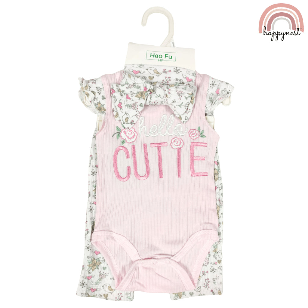 Baby Girl Pink Clothes 3pcs Hello Cutie Romper Pants and Headband Set 0-9M AA276