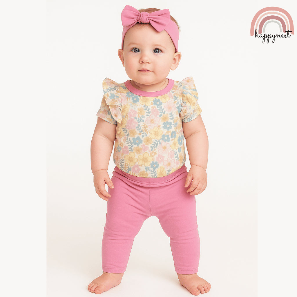 Baby Girl Clothes 3pcs Floral Romper Pink Pants and Headband Outfit 0-9M AA277