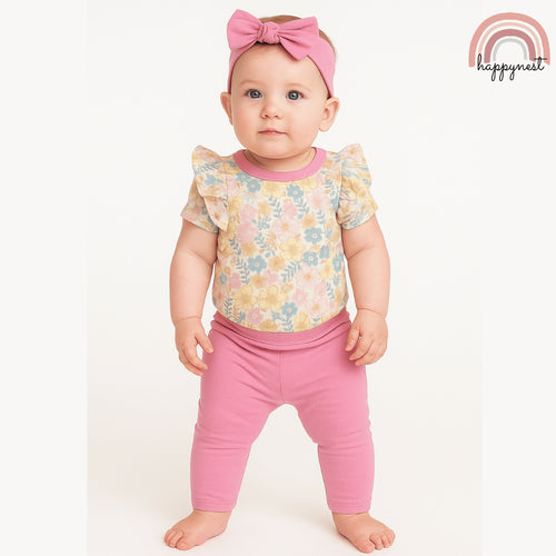 Baby Girl Clothes 3pcs Floral Romper Pink Pants and Headband Outfit 0-9M AA277
