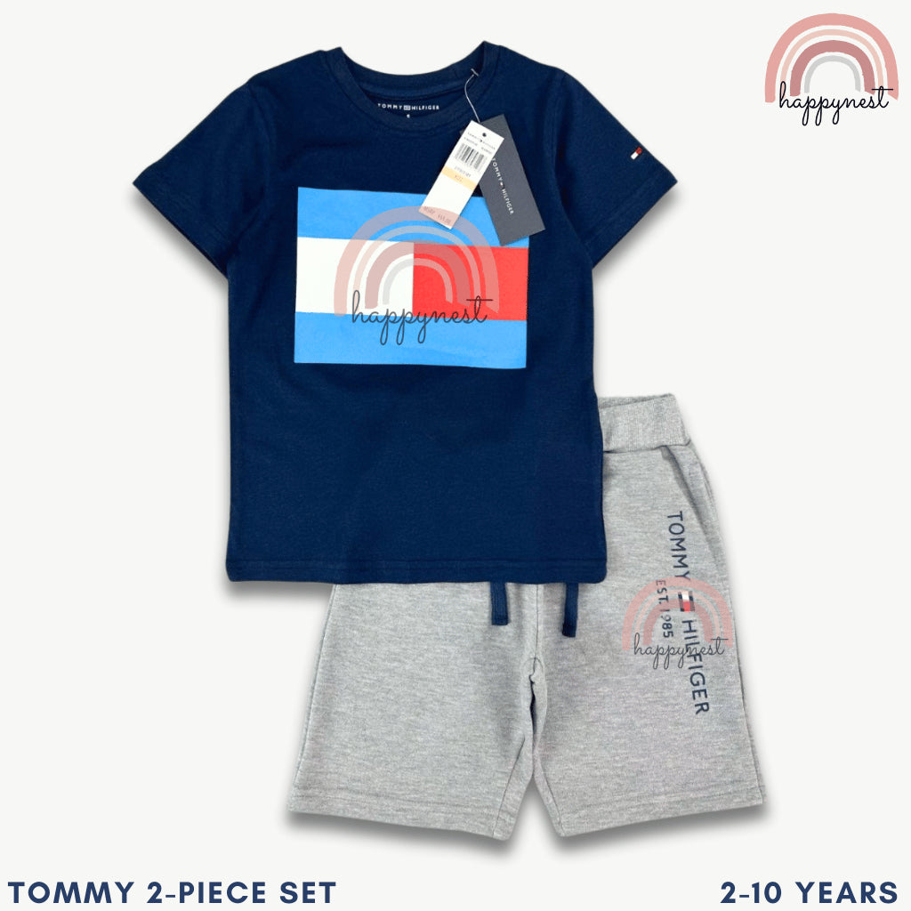 Boys Casual OOTD – Navy Blue Graphic Shirt & Grey Shorts Set | 2–10 Years (AA309)