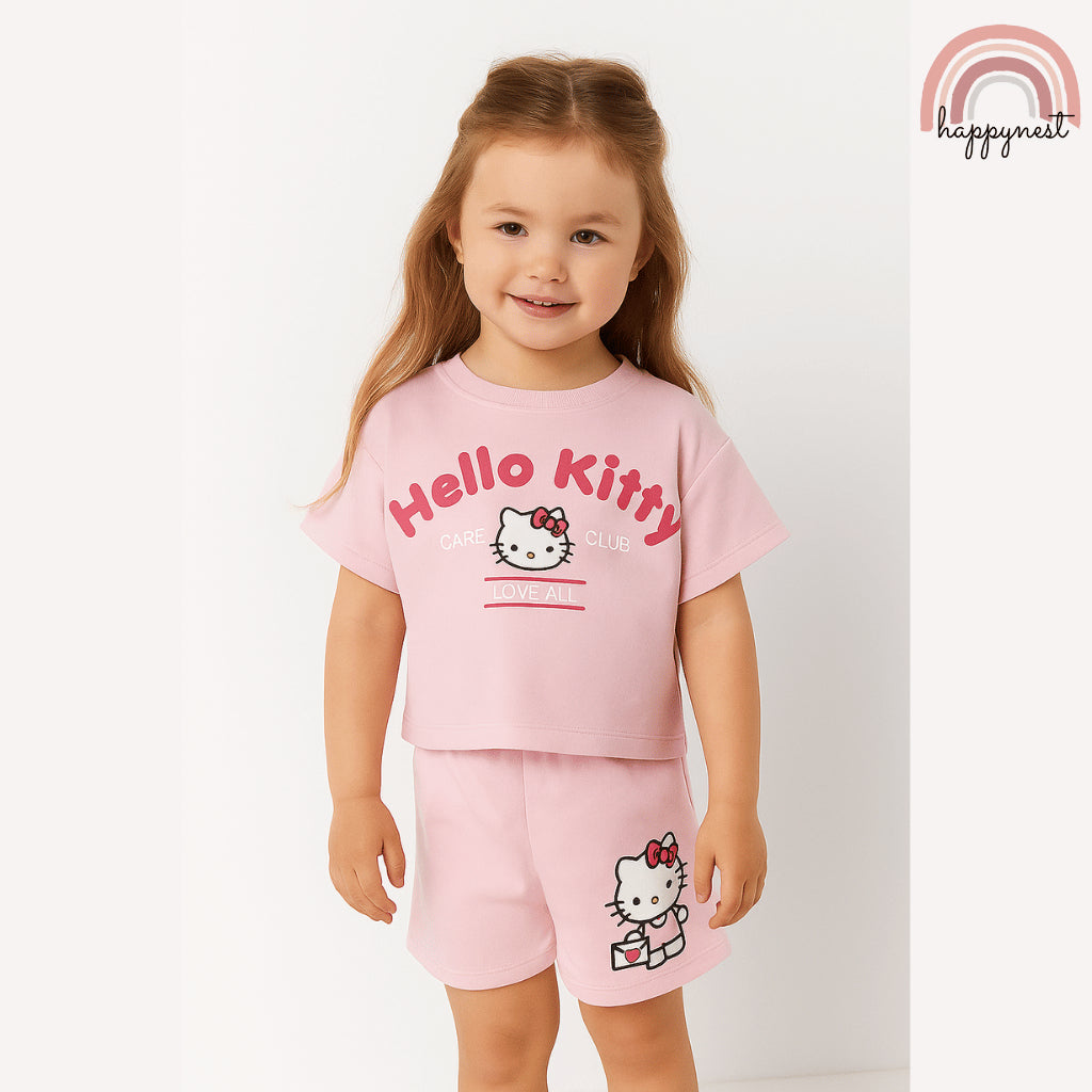 Hello Kitty Girls 2PC Outfit – Pink Shirt & Shorts Set | Overruns Quality | 2–8 Years (AA300)