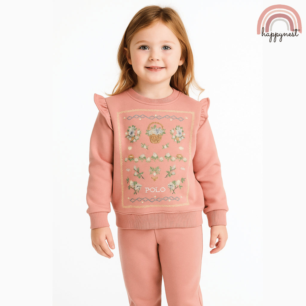 Polo Girls Tracksuit – Floral Sweatshirt & Jogger Pants Set | Overruns Quality | 2–8 Years (SS524)