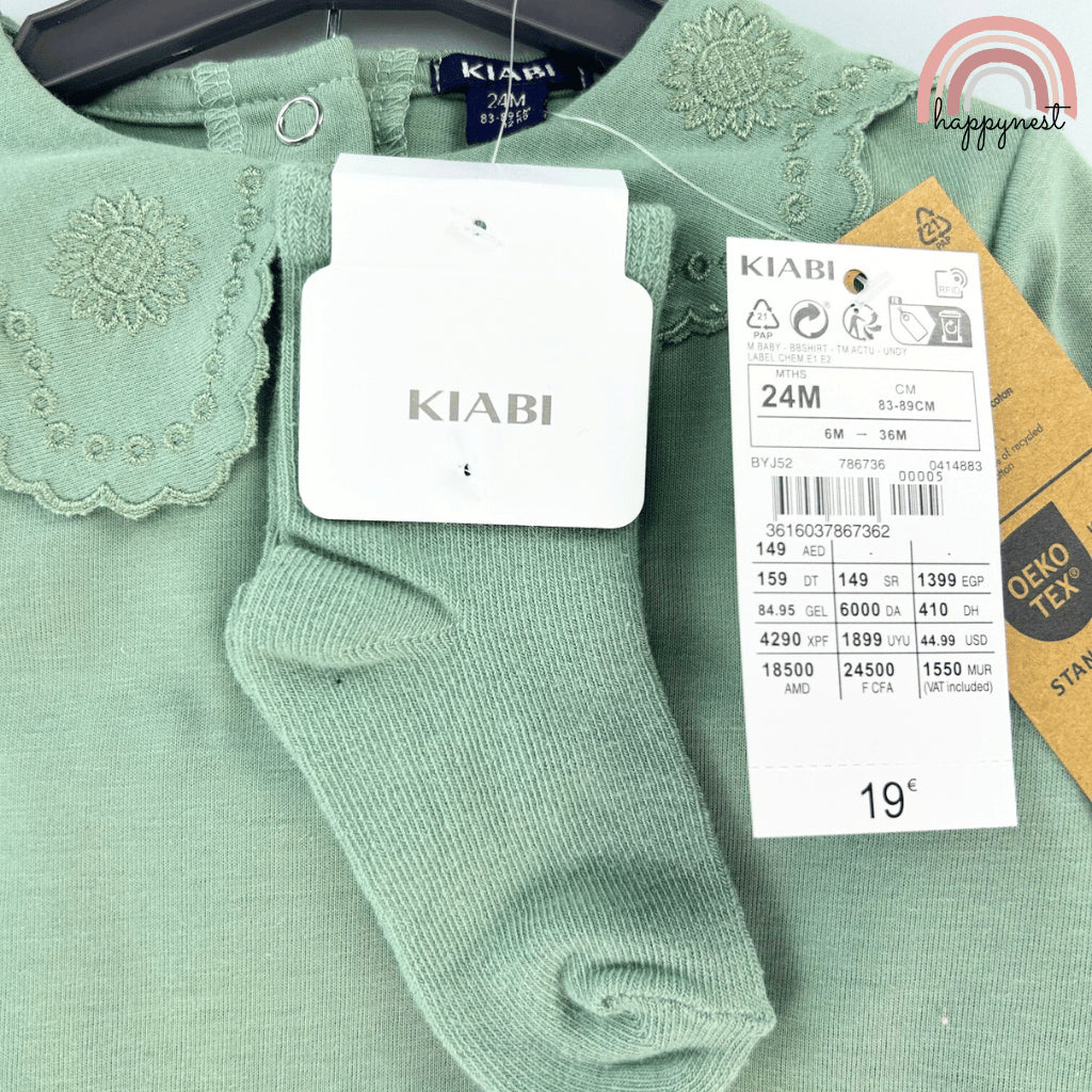 Kiabi 3-Piece Baby Set with Green Scallop Collar Top, Jeggings & Socks (3–36 Months) | SS553