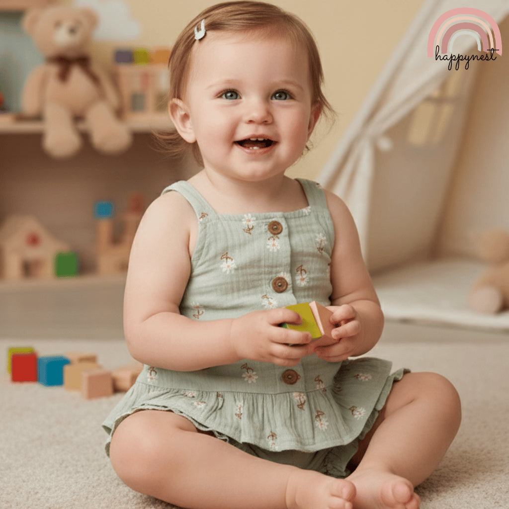 Baby Girl Outfit OOTD Set Green Floral Cotton & Pearl Sunglasses 2 to 4 Years AA418