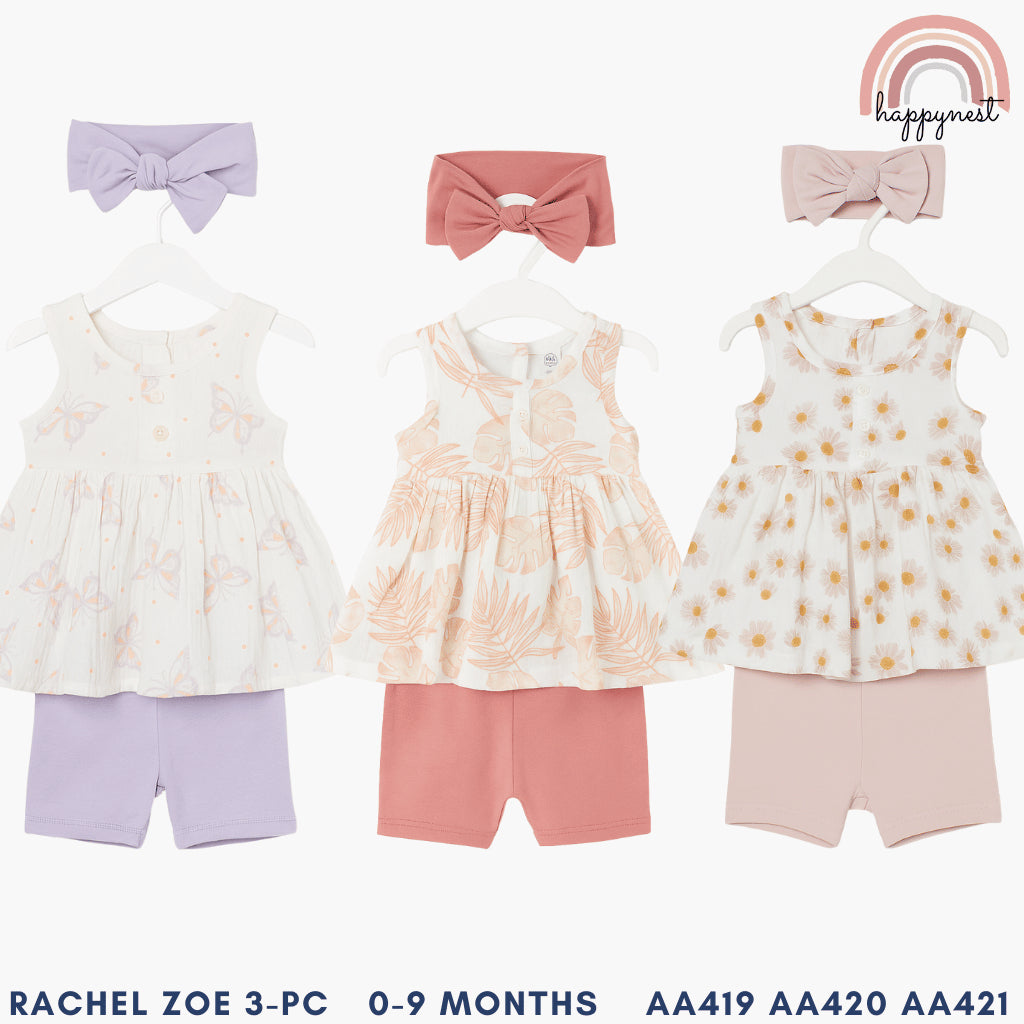 Baby Girl Outfit Set 3-PC: Shorts + Shirt + Headband Rachel Zoe AA419 0-9 Months