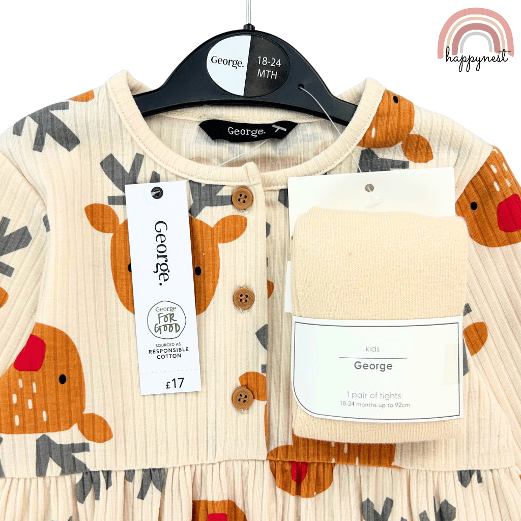 George Reindeer Dress & Tights Set Christmas Holiday Terno (3-36M) | AA429