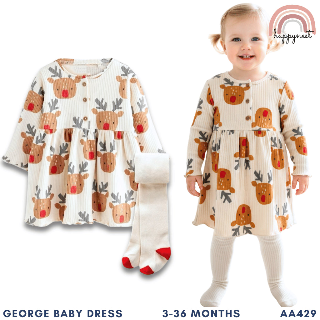 George Reindeer Dress & Tights Set Christmas Holiday Terno (3-36M) | AA429