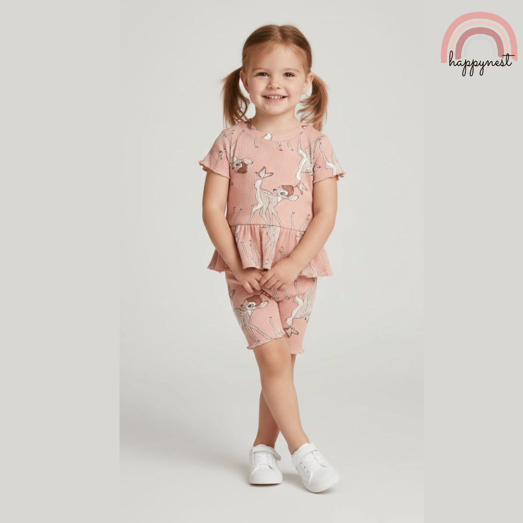 Disney Bambi Toddler Girls 2-Pc Ruffle Top & Shorts Set | Ribbed Cotton | 12-24 Months (B5)