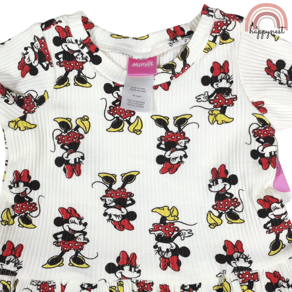 Disney Minnie Mouse Toddler Girls 2-Pc Ruffle Set | White Ribbed Cotton | 12-24 Months (B6)