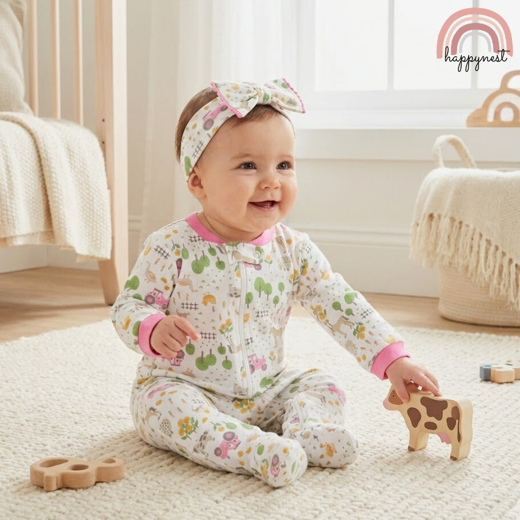 Rugged Bear Baby Girl Sleepsuit & Headband Set. | Farm Print (B54) 6-9 Months