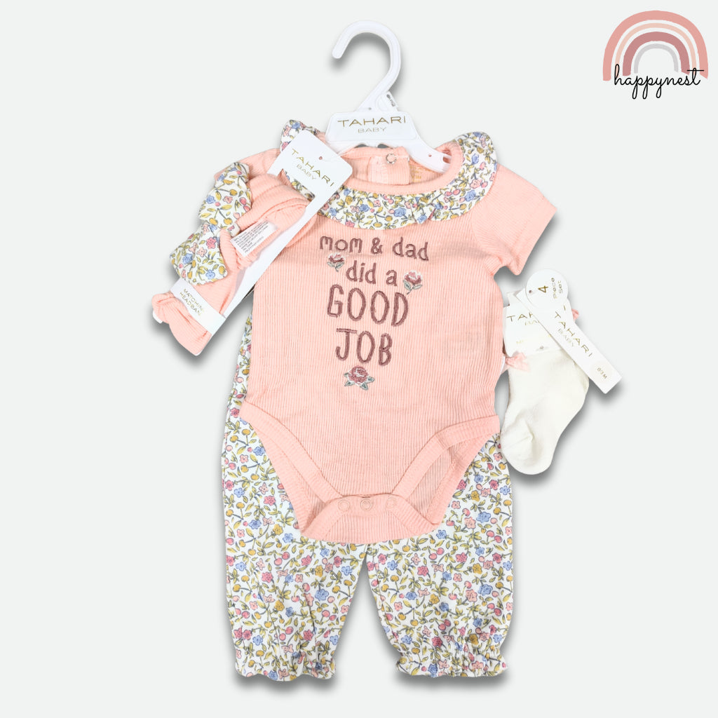 Tahari Baby Girl 4-Pc Gift Set 3-9 Months | Ribbed Bodysuit & Floral Bloomers (B64)