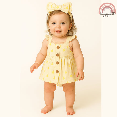 Baby Girl Clothes 3-Piece Set Yellow Lemon Print Dress Headband 0-12 Months AA316