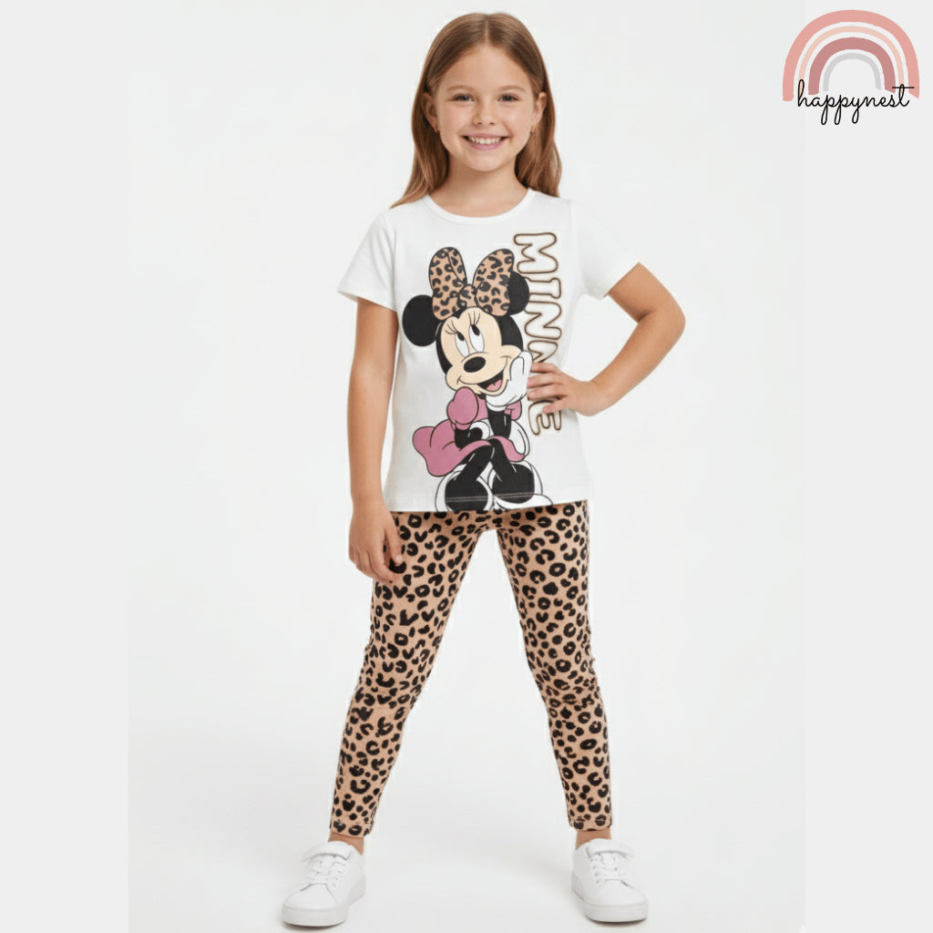 Minnie Girls Leopard Bow Friends Tee & Leggings Set 2–7Y Soft Cotton AA304