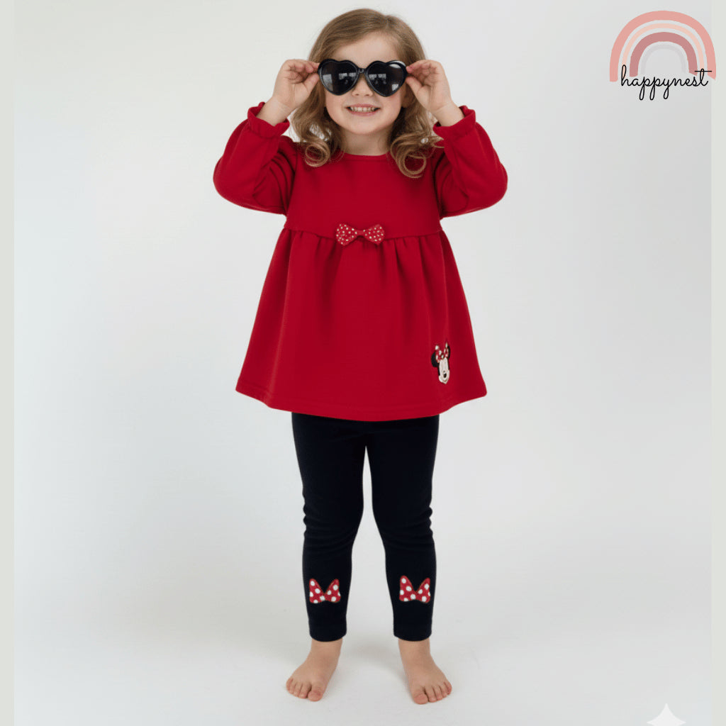 Minnie 3PC Red Outfit – Long Sleeve Dress Top, Leggings & Sunglasses | Overruns | 6–36M (SS559)