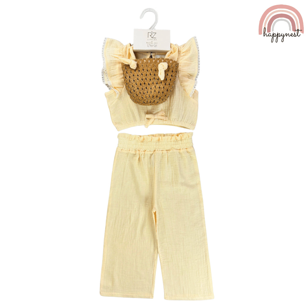 Rachel Zoe 3-Piece Yellow Baby Set with Embroidered Top, Pants & Bag (2–4 Years) | AA365
