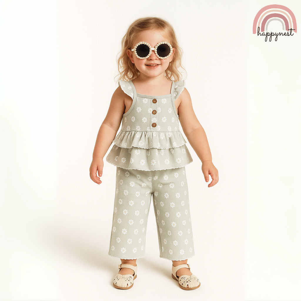 Rachel Zoe 3-Piece Sage Green Daisy Baby Set with Top, Pants & Sunglasses (2–4 Years) | AA368