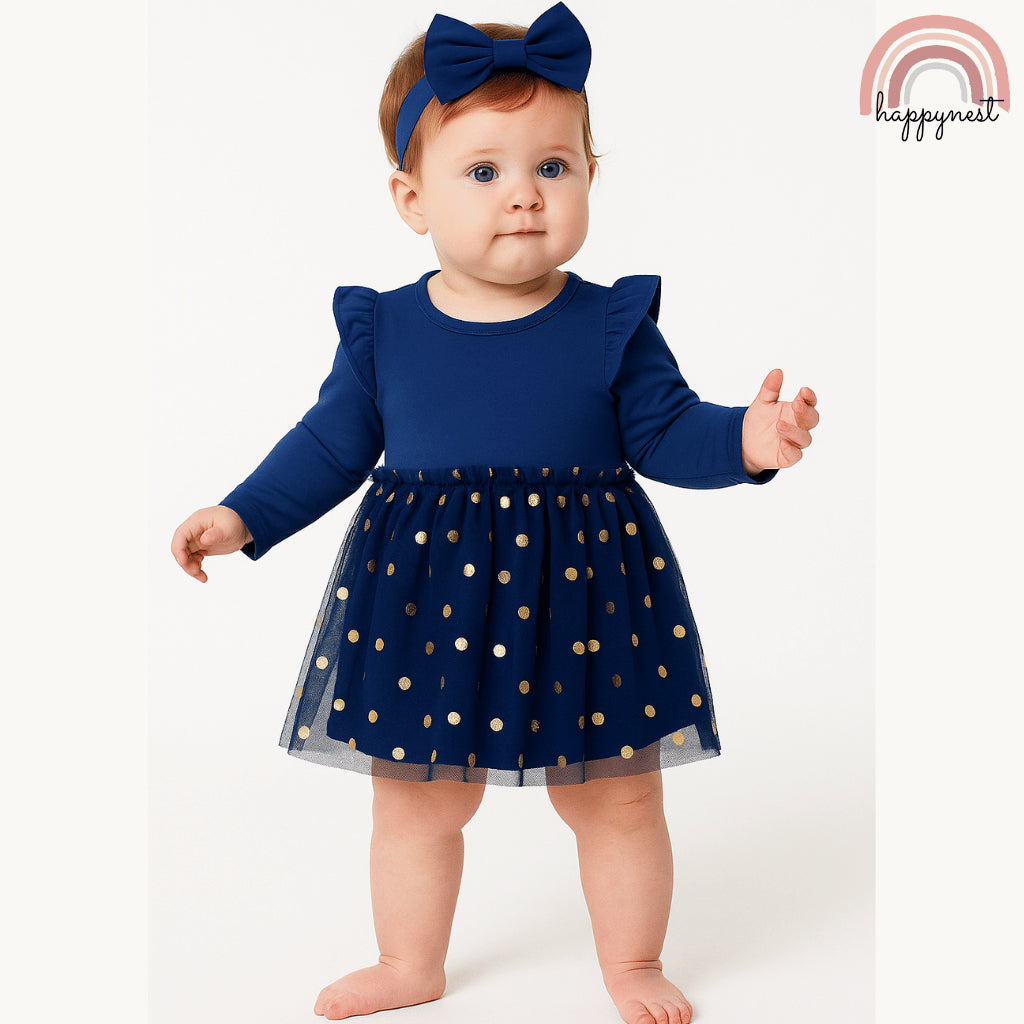 Tutu Dress Set Baby Girls Just Lizzy 2-Piece Blue Gold Dots (0-12 Months) AA15