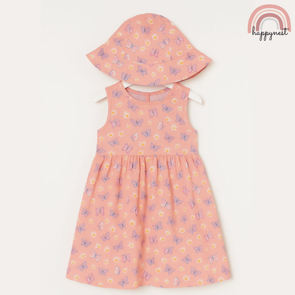 Cute Butterfly Print Dress and Hat Terno for Little Girls 4-7 Years AA376