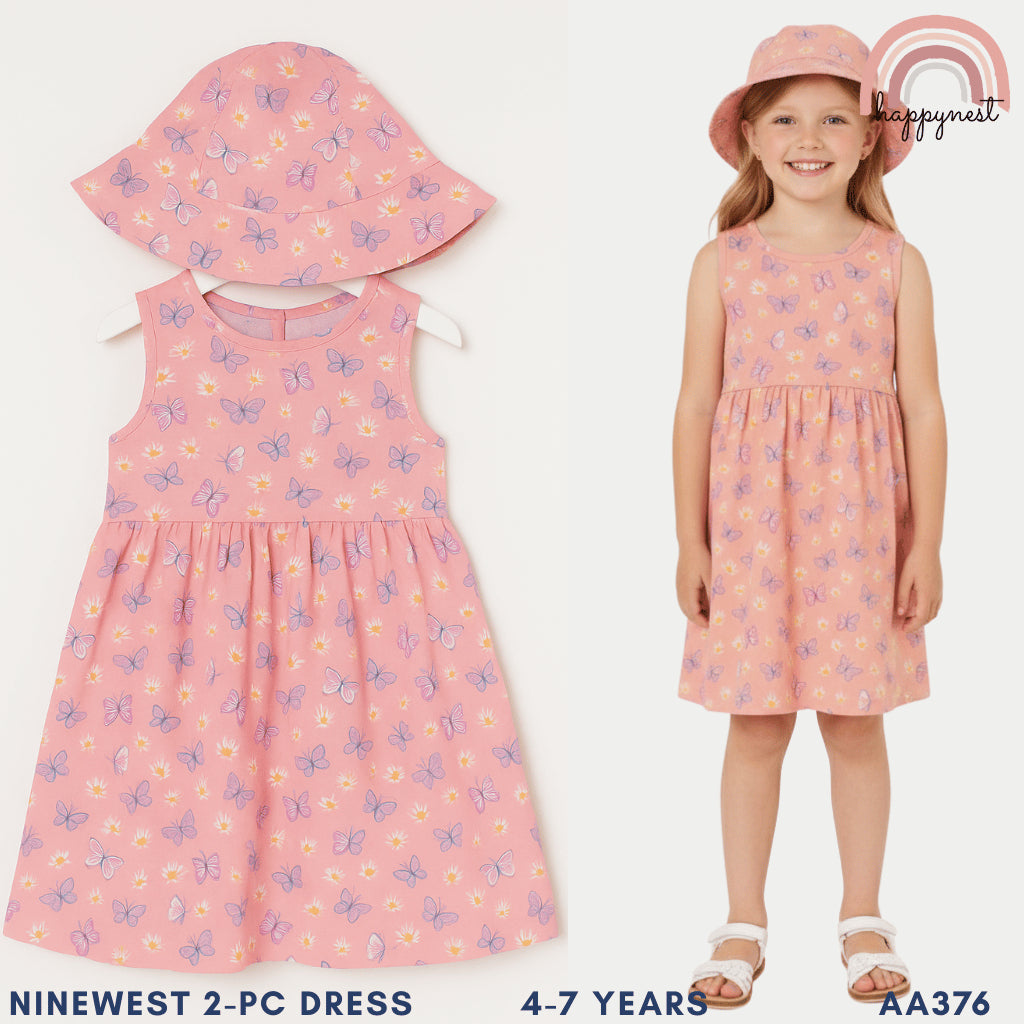 Cute Butterfly Print Dress and Hat Terno for Little Girls 4-7 Years AA376
