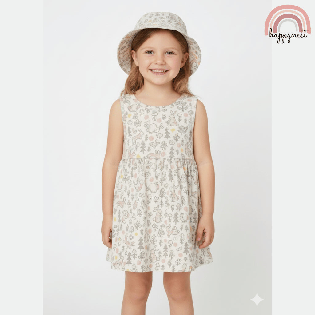 Woodland Bunny Print Dress & Hat Set for Girls 4-7Y AA383