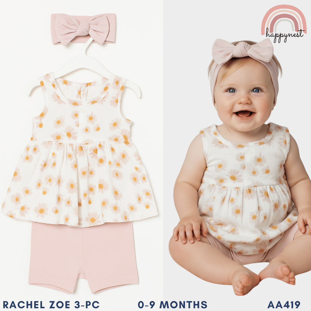 Baby Girl Outfit Set 3-PC: Shorts + Shirt + Headband Rachel Zoe AA419 0-9 Months