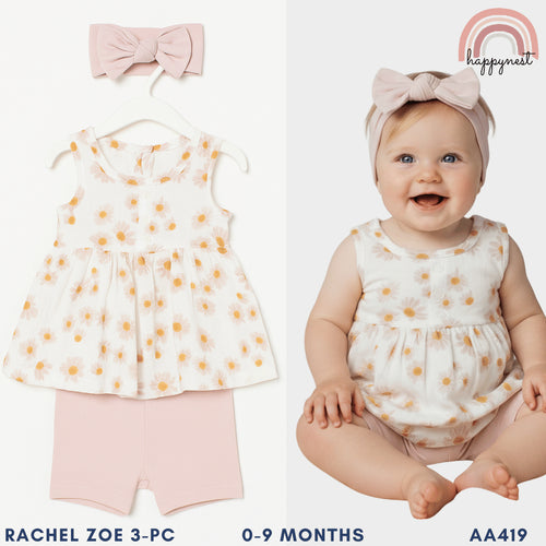 Baby Girl Outfit Set 3-PC: Shorts + Shirt + Headband Rachel Zoe AA419 0-9 Months