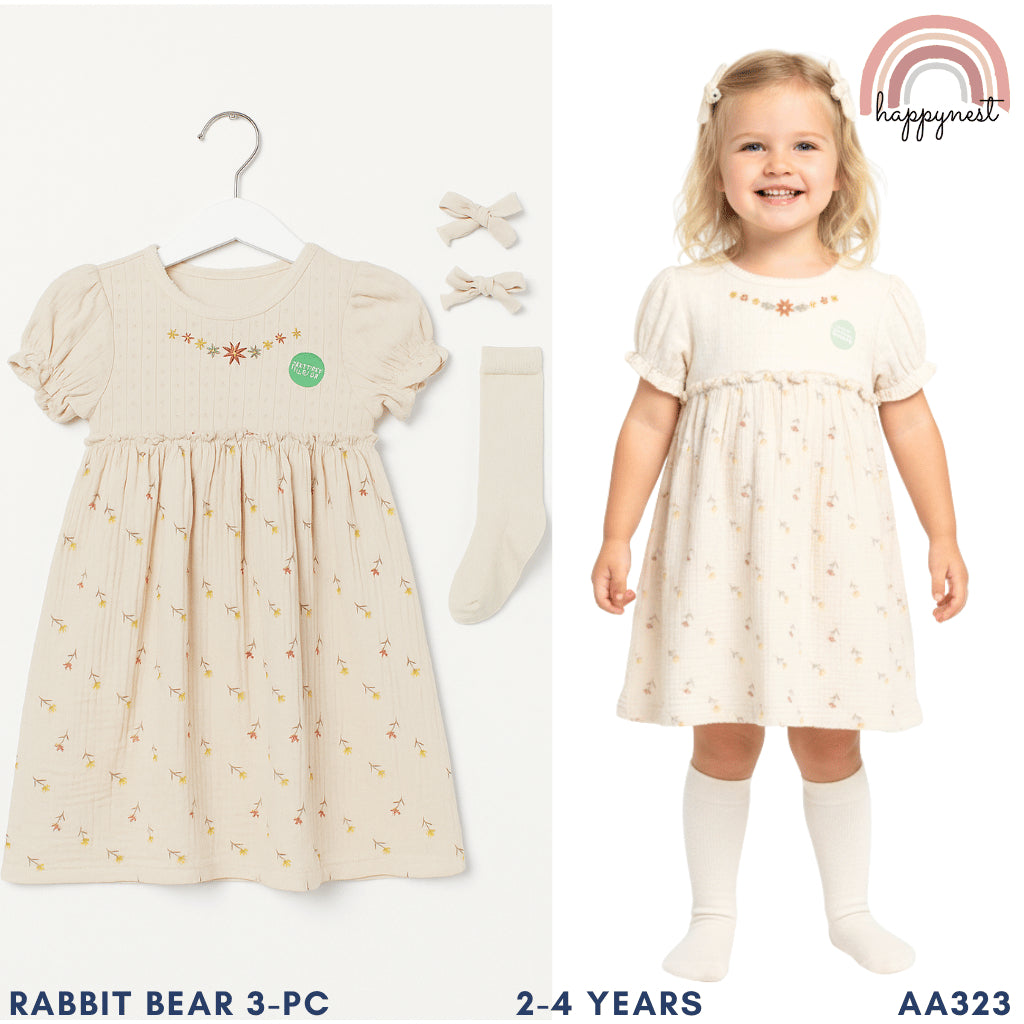 Girls Floral Dress with Socks & Clips Set Rabbit Bear (2-4Y) | AA323
