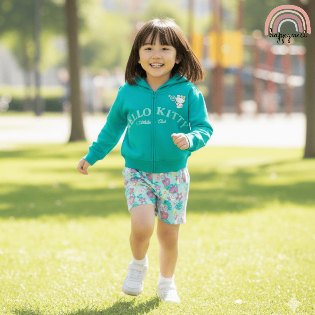 HELLO KITTY Girls Kids 2PC Set Teal Zipper Hoodie Floral Shorts Summer 3-8Y SS616