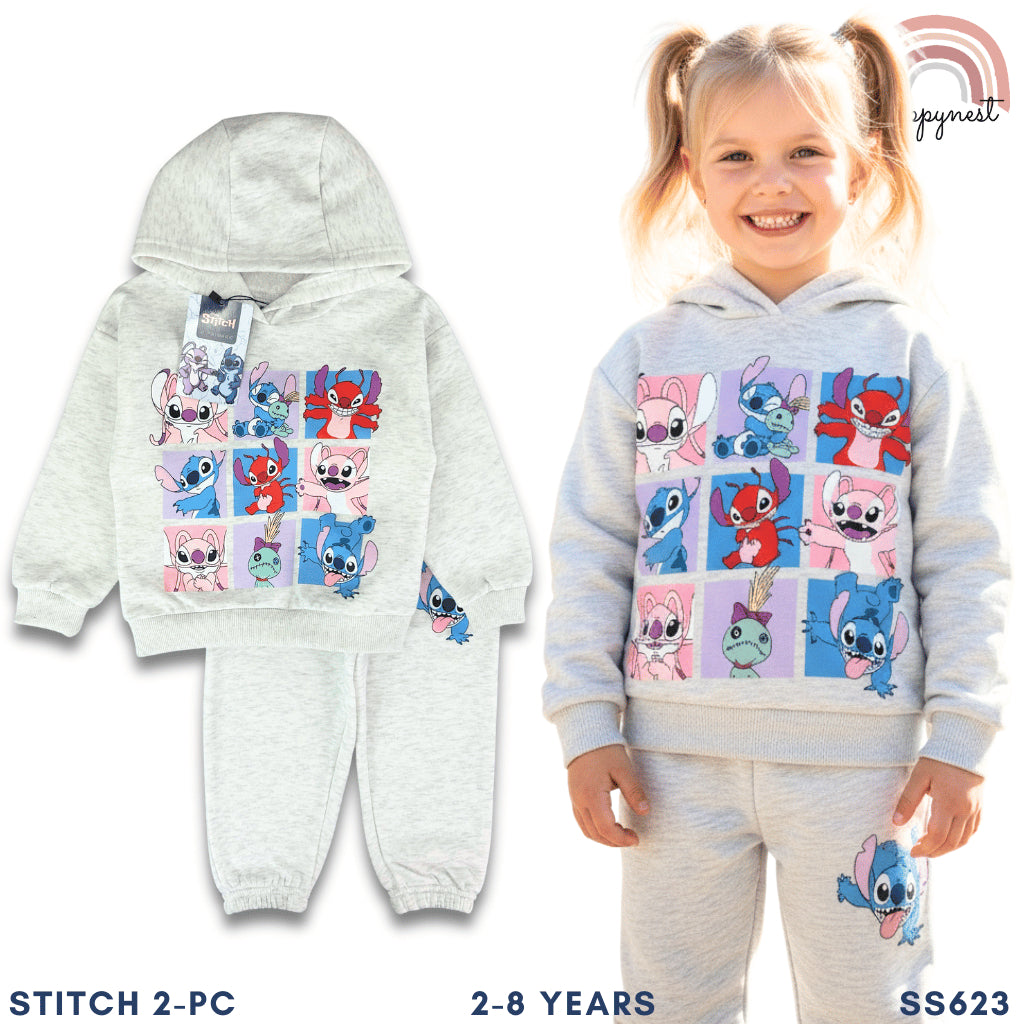 Stitch Terno Set Kids Girls Hoodie Sweatshirt & Jogger Pants Grey Fleece 2-8Y SS623
