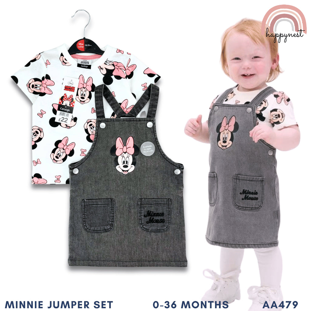 Minnie Baby 2-Pc Pinafore Dress & Tee Set | Grey Denim Style | 0-36 Months (AA479)
