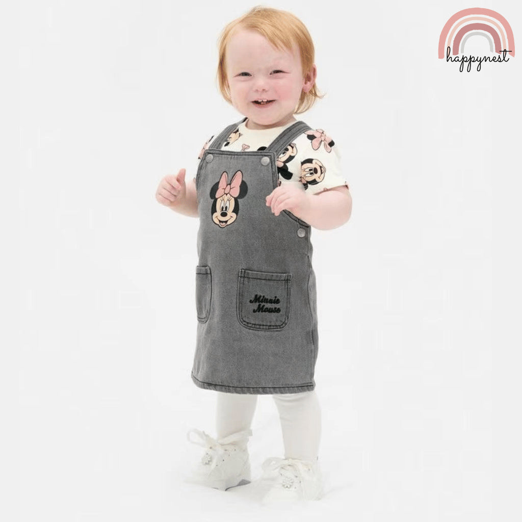 Minnie Baby 2-Pc Pinafore Dress & Tee Set | Grey Denim Style | 0-36 Months (AA479)