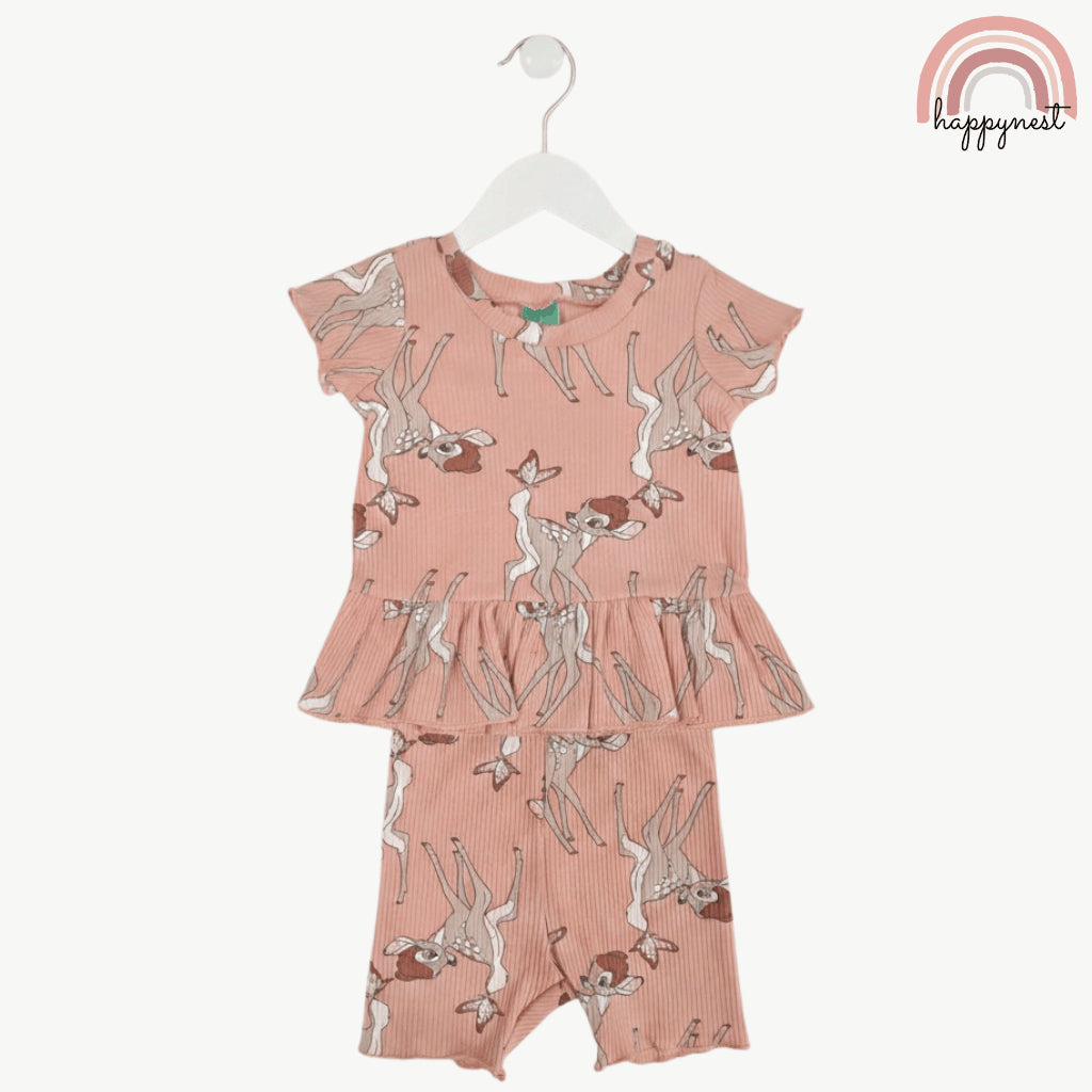 Disney Bambi Toddler Girls 2-Pc Ruffle Top & Shorts Set | Ribbed Cotton | 12-24 Months (B5)