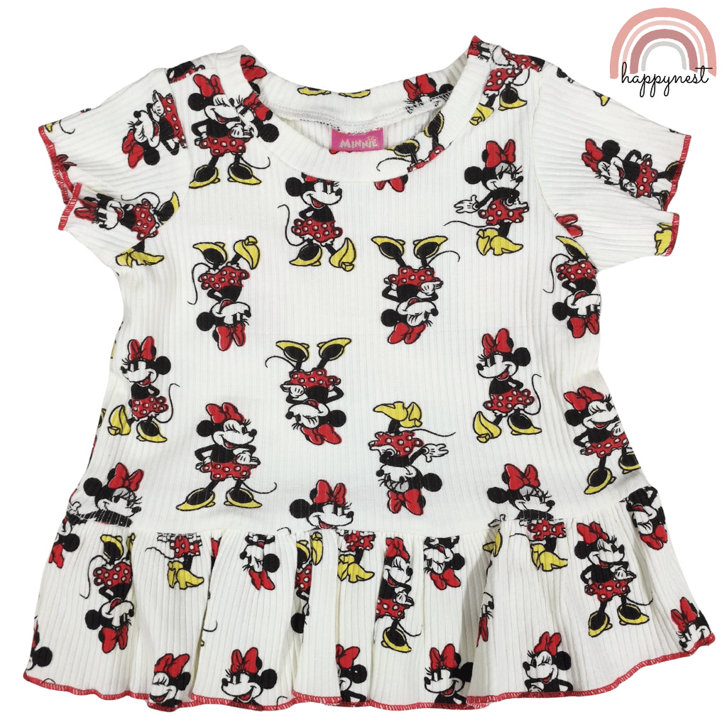 Disney Minnie Mouse Toddler Girls 2-Pc Ruffle Set | White Ribbed Cotton | 12-24 Months (B6)