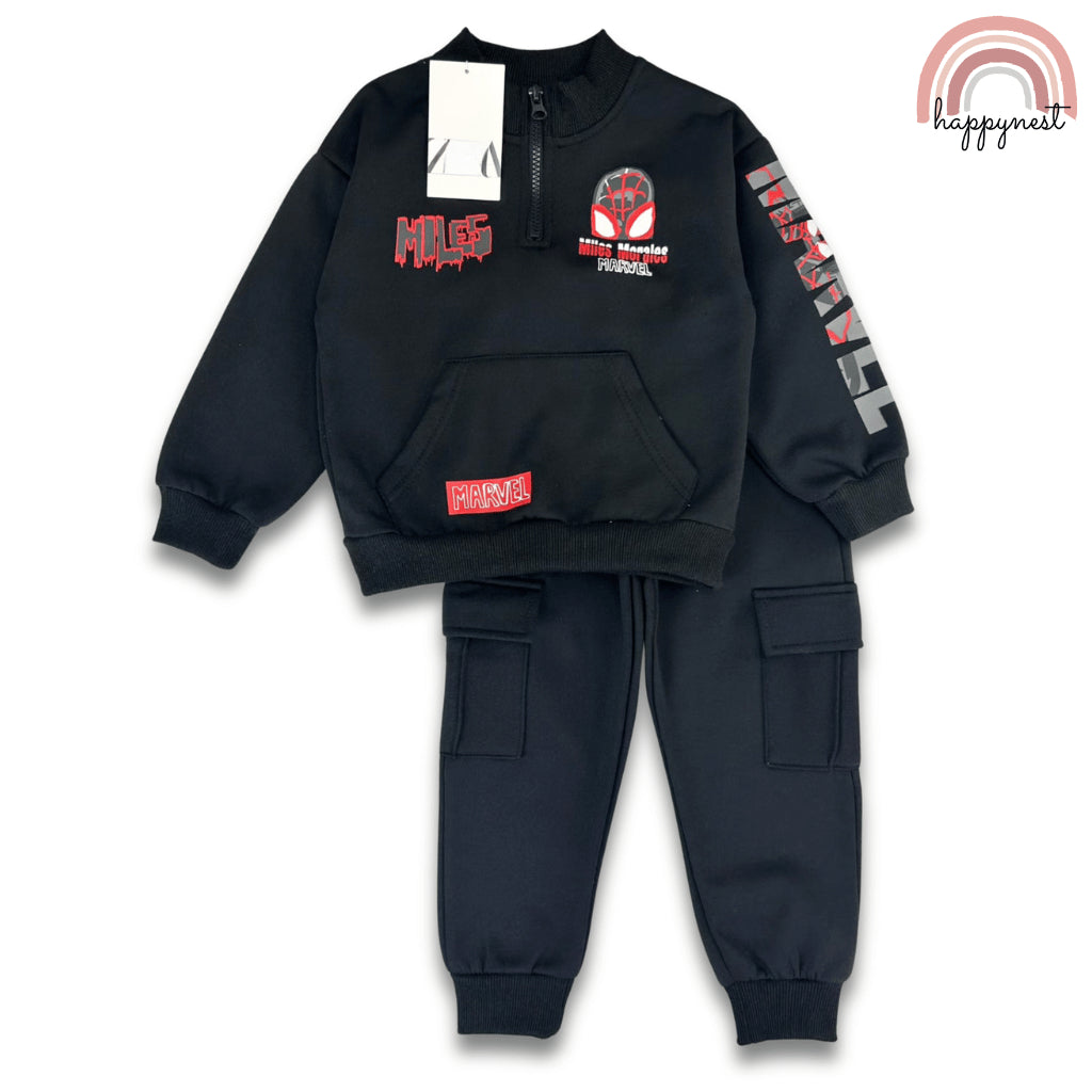 Marvel Spiderman Miles Morales Kids 2-Pc Set | Black Half-Zip Hoodie & Cargo Joggers | 2-8Y (SS681)