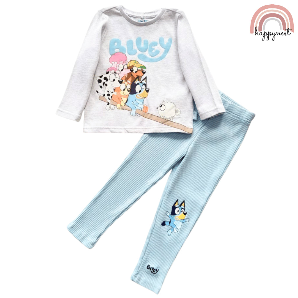 Bluey Girls 2-Pc Long Sleeve Top & Ribbed Leggings Set | Grey & Blue | (SS685) 1-4 Years