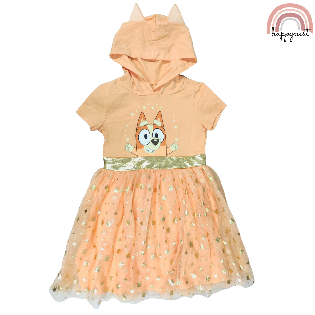 Bingo Bluey Kids Hooded Tutu Dress - Sparkly Peach Character Dress for Girls (D6)