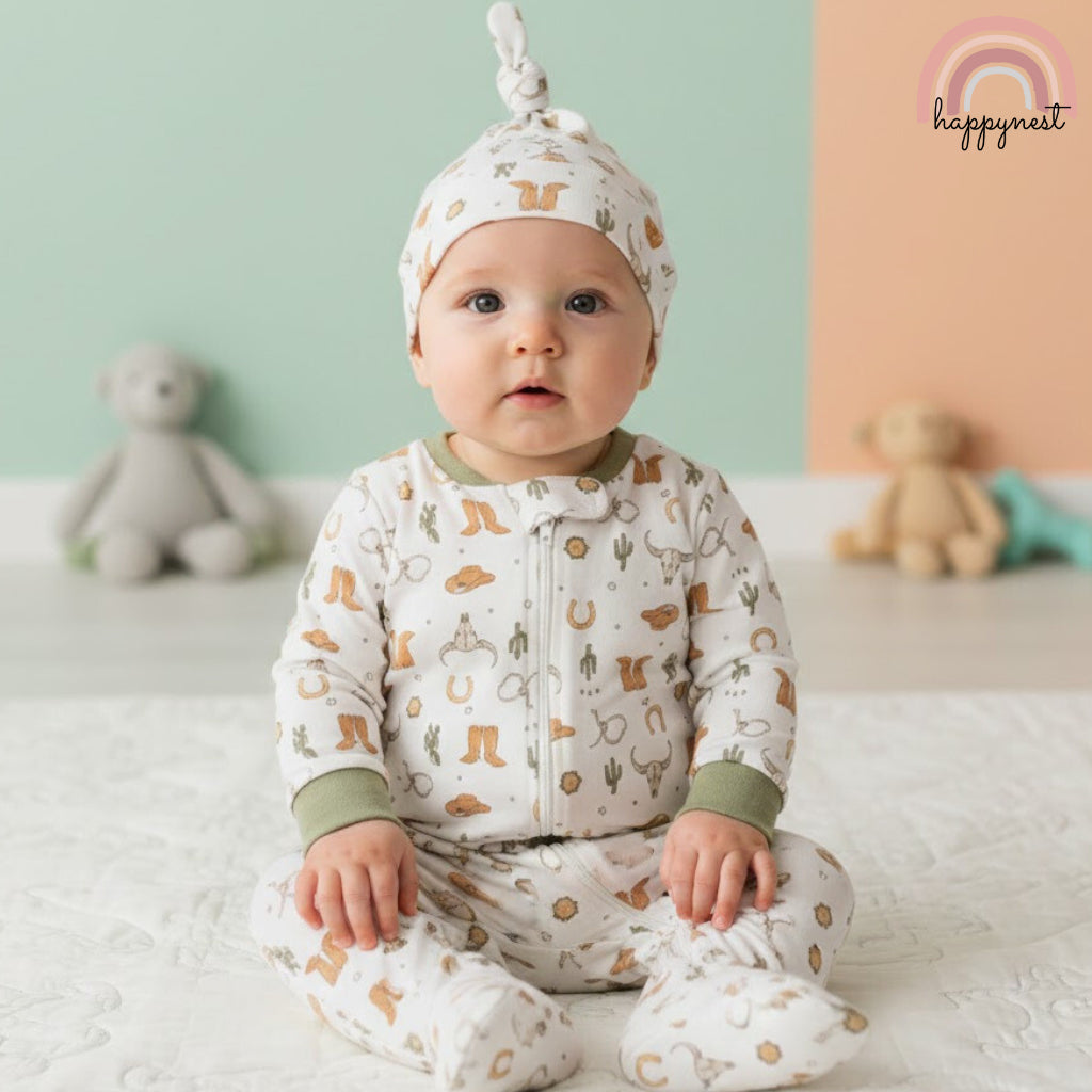 Wrangler Baby 2-Pc Sleepsuit & Hat Set | Cowboy Gear Print (B56) 3-9 Months